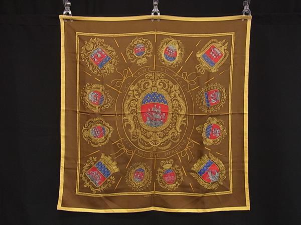 1円 HERMES エルメス LES ARMES DE PARIS FLVCTVAT NEC MERGITVR【パリの紋章】カレ90 シルク 大判 スカーフ ストール ブラウン系 FU5217拍卖