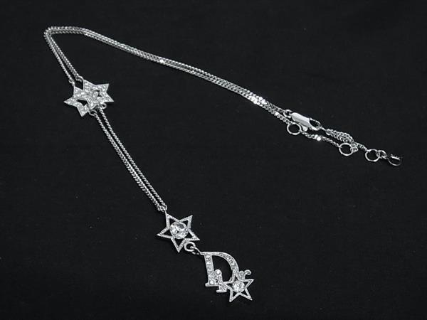 1円 ■美品■ ChristianDior ディオール スター 星 ラインストーン ロゴ ネックレス ペンダント アクセサリー シルバー系 FS7094拍卖