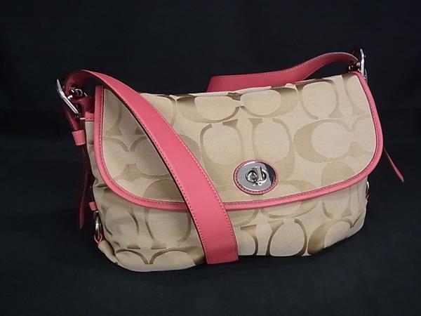 1円 ■美品■ COACH コーチ F15171 シグネチャー ターンロック キャンバス クロスボディ ショルダーバッグ ベージュ系×ピンク系 FP8588拍卖