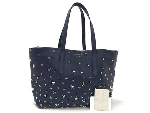 1円 ■美品■ JIMMY CHOO ジミーチュウ ソフィア スタースタッズ レザー トートバッグ ショルダー ネイビー系×シルバー系 FU6777拍卖