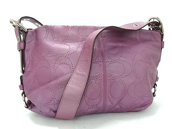 1円 ■美品■ COACH コーチ F17104 シグネチャー レザー パンチング クロスボディ ショルダーバッグ 斜め掛けかばん パープル系 GB2740拍卖