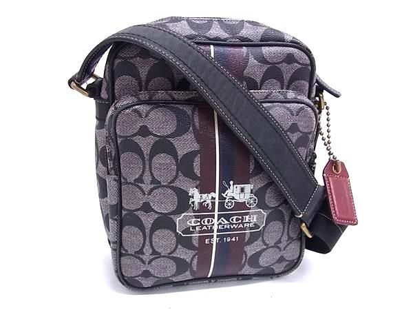1円 COACH コーチ 70078 シグネチャー ヘリテージストライプ PVC×レザー クロスボディ ショルダーバッグ 斜め掛けかばん グレー系 GB2743拍卖