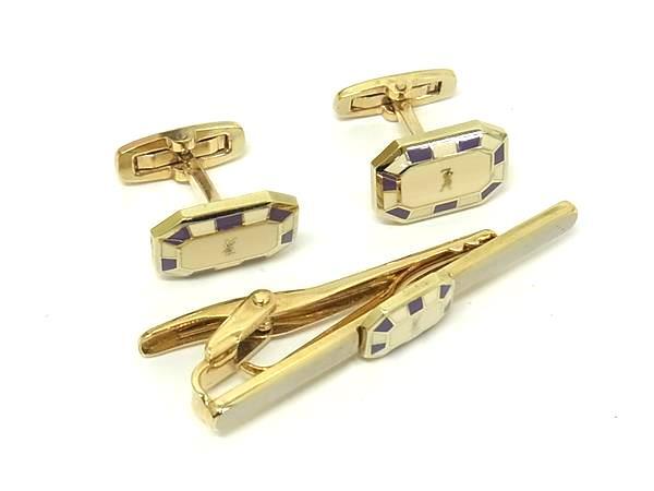 ■美品■ YVESSAINTLAURENT イヴサンローラン ヴィンテージ カフスボタン タイピン アクセサリー 2点セット アイボリー系 DK4460拍卖