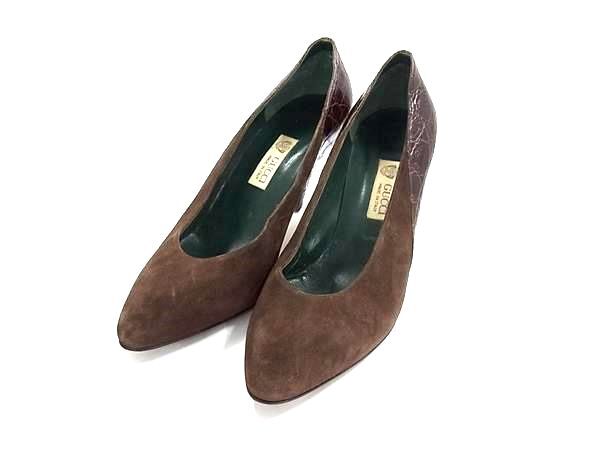 GUCCI オールドグッチ ヴィンテージ スエード×クロコダイル型押しレザー パンプス サイズ36 1/2(約23.5cm) 靴 ブラウン系 DK3781拍卖