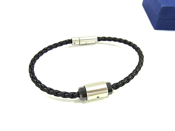 ■極美品■ SWAROVSKI スワロフスキー レザー ブレスレット アクセサリー メンズ レディース ブラック系×シルバー系 DH0119拍卖
