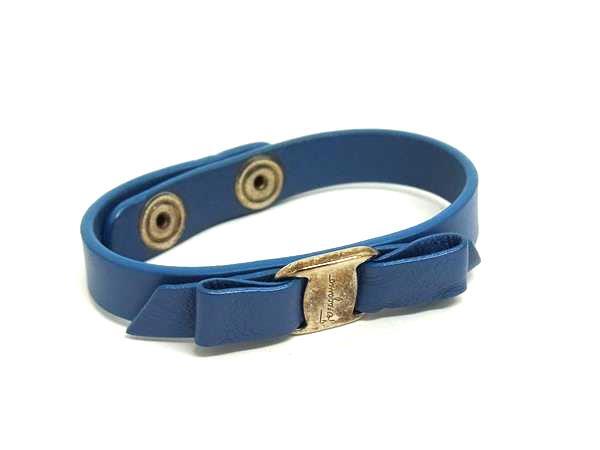 ■美品■ Salvatore Ferragamo フェラガモ ヴァラリボン レザー ブレスレット バングル アクセサリー レディース ブルー系 DK2010拍卖