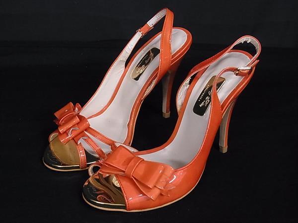 Jinny Kim ジニーキム パテントレザー リボン ヒール パンプス 表記サイズ 35 1/2 (約22.5cm) 靴 シューズ オレンジ系 DG8920拍卖