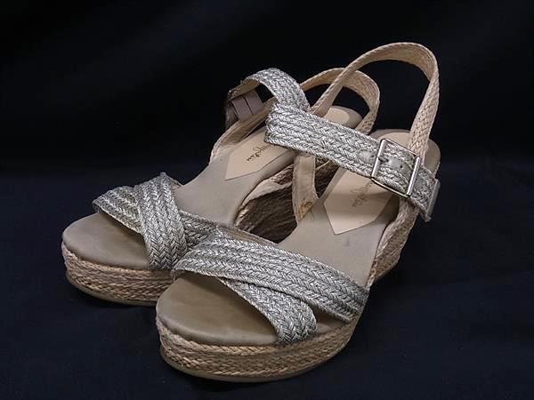 GINZA Kanematsu 銀座かねまつ キャンバス×レザー ウェッジソール ヒール サンダル 靴 シューズ ゴールド系 DK0918拍卖