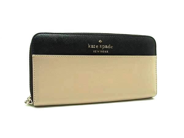 ■美品■ kate spade ケイトスペード WLR00120 レザー ラウンドファスナー 長財布 ウォレット グレージュ系×ブラック系 DJ5110拍卖