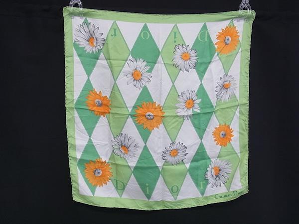 ChristianDior ディオール フラワー 花柄 スカーフ ハンカチーフ ポケットチーフ グリーン系×マルチカラー DJ5769拍卖