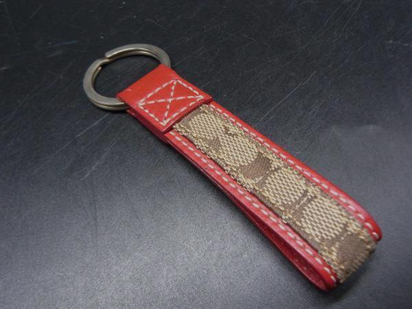 ■美品■ COACH コーチ シグネチャー キャンバス×レザー キーリング キーホルダー バッグチャーム ブラウン系×レッド系 DH8855拍卖