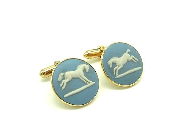 WEDGWOOD ウェッジウッド ジャスパー ホース 馬 カフスボタン カフリンクス アクセサリー メンズ ライトブルー系×ゴールド系 DJ3890拍卖