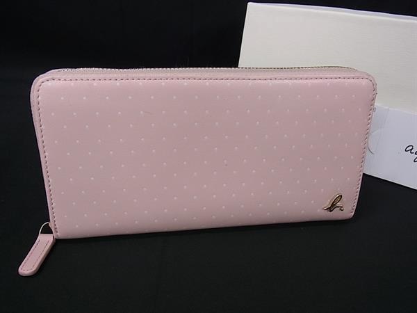 ■美品■ agnes b. アニエスベー レザー 水玉 ドット柄 ラウンドファスナー 長財布 ウォレット レディース ライトピンク系 DJ4021拍卖