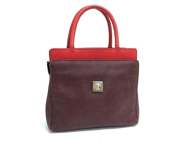 1円 GIANNI VERSACE ジャンニ ヴェルサーチ メデューサ リザード型押しレザー ハンドバッグ トート ブラウン系×レッド系 FR6836拍卖