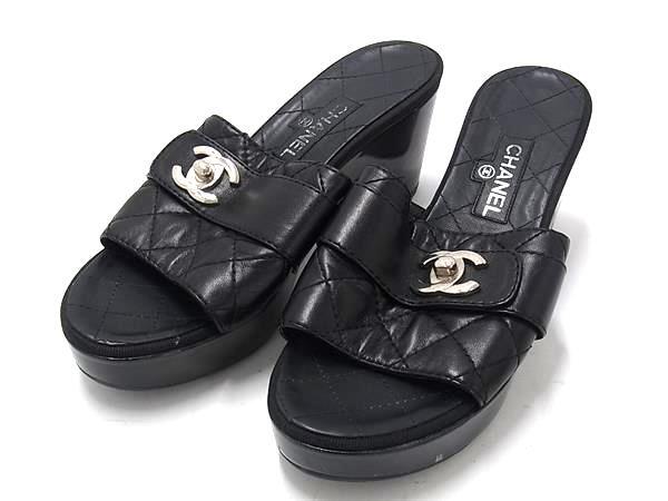 1円 ■美品■ CHANEL シャネル ココマーク マトラッセ レザー ヒール サンダル 表記サイズ 36 (約23cm) 靴 シューズ ブラック系 FT2466拍卖
