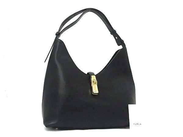 1円 ■新品同様■ FURLA フルラ goccia ゴッチャ レザー ワンショルダーバッグ 肩掛けかばん レディース ブラック系 FU6484拍卖