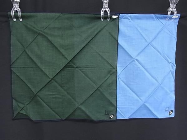 ■新品■未使用■ dunhill ダンヒル コットン100% ハンカチーフ ポケットチーフ メンズ 2点セット ブルー系×グリーン系 DJ2054拍卖