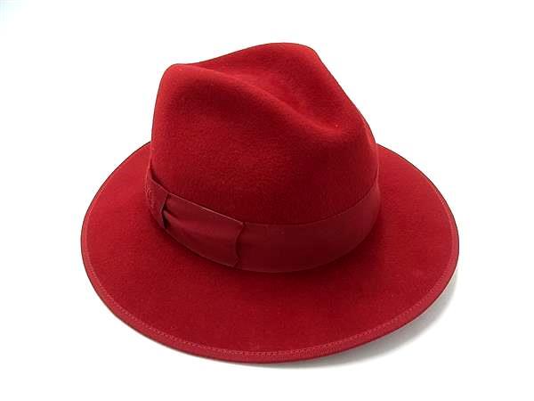 1円 ■美品■ GUCCI グッチ 628551 インターロッキングG ファーフェルト リボン 中折れハット 帽子 サイズ L レディース レッド系 FU5402拍卖