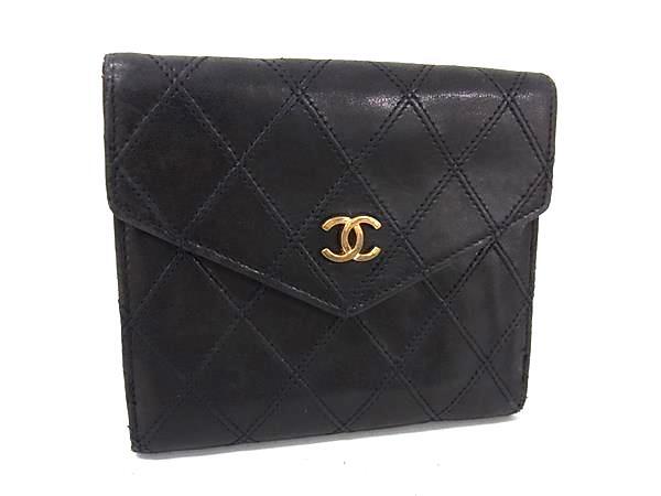 1円 CHANEL シャネル ココマーク マトラッセ ビコローレ ラムスキン 二つ折り 財布 ウォレット 小銭入れ 札入れ ブラック系 FQ3064拍卖
