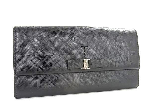 1円 ■美品■ Salvatore Ferragamo フェラガモ JP-22-A994 ヴァラリボン レザー 二つ折り 長財布 ウォレット ブラック系 GC0708拍卖