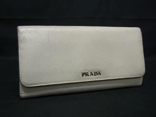 1円 PRADA プラダ サフィアーノレザー 二つ折り 長財布 ウォレット 札入れ 小銭入れ カード入れ レディース メンズ アイボリー系 FT3132拍卖