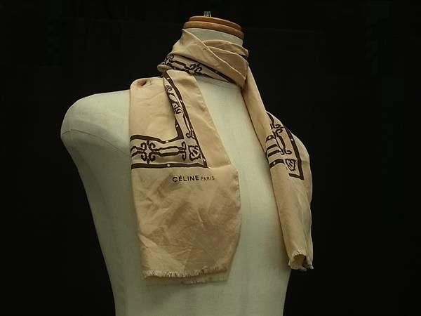 CELINE セリーヌ シルク100% 総柄 フリンジ スカーフ ストール レディース ベージュ系×ブラウン系 DI9842拍卖