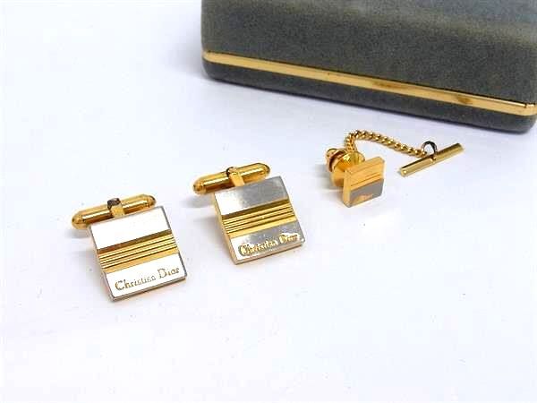 ChristianDior ディオール ヴィンテージ ネクタイピン カフスボタン カフリンクス 2点セット ビジネス 紳士 メンズ シルバー系 DI7492拍卖