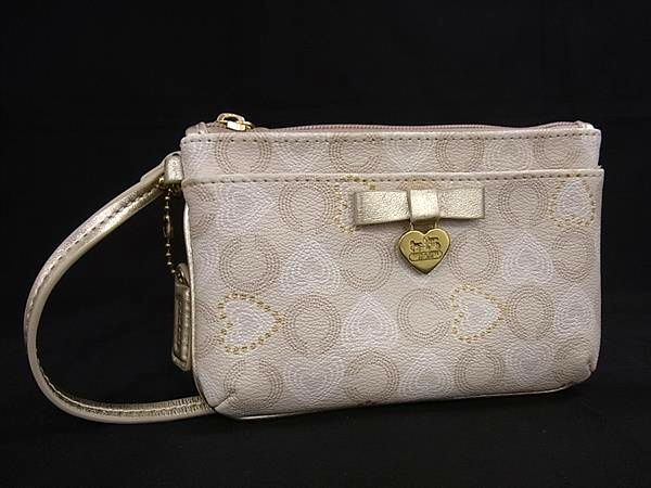 COACH コーチ オプアート PVC リボン ハート アクセサリーポーチ 小物入れ マルチケース レディース ライトベージュ系 DK8589拍卖