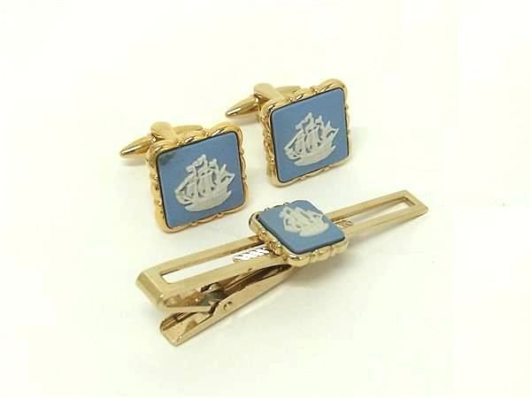 ■美品■ WEDGWOOD ウェッジウッド ジャスパー カメオ カフスボタン タイピン アクセサリー 2点セット メンズ ゴールド系 DK3443拍卖