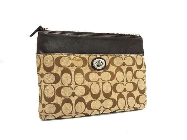 COACH コーチ シグネチャー キャンバス×レザー クラッチバッグ セカンドバッグ マルチケース メンズ レディース ブラウン系 DJ2589拍卖