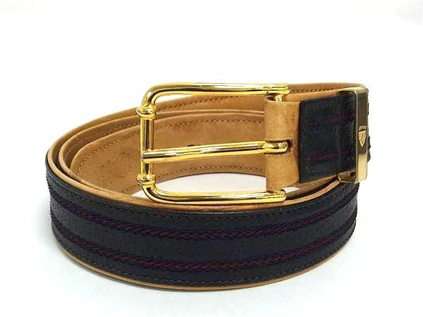 1円 GUCCI グッチ オールドグッチ ヴィンテージ レザー×キャンバス ゴールド金具 ベルト 表記サイズ 80・32 メンズ ネイビー系 FR6755拍卖