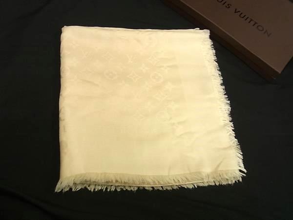 1円 LOUIS VUITTON ルイヴィトン モノグラム シルク×ウール フリンジ 大判 スカーフ ストール ショール 防寒具 アイボリー系 FU5648拍卖