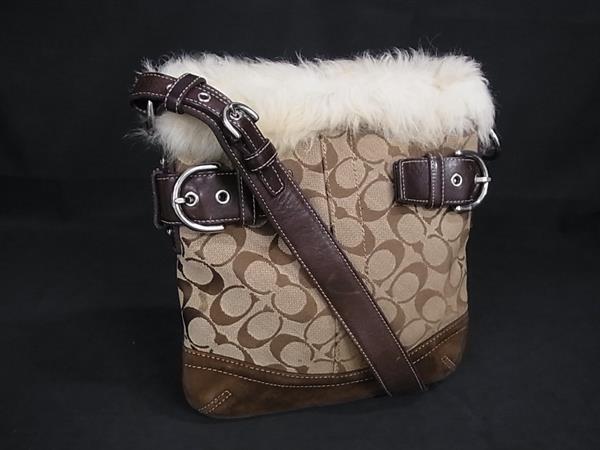 1円 COACH コーチ 8K55 シグネチャー キャンバス×レザー ファー ショルダーバッグ クロスボディ レディース ブラウン系 GA5845拍卖