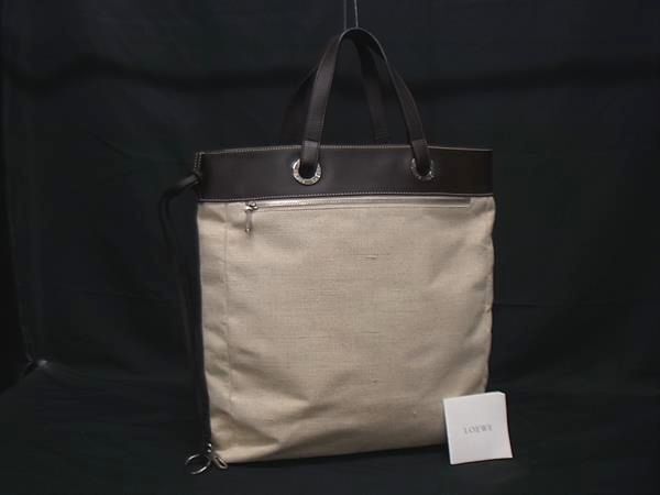 1円 ■美品■ LOEWE ロエベ キャンバス×レザー トートバッグ ハンドバッグ レディース メンズ ベージュ系×ブラウン系 FU7508拍卖