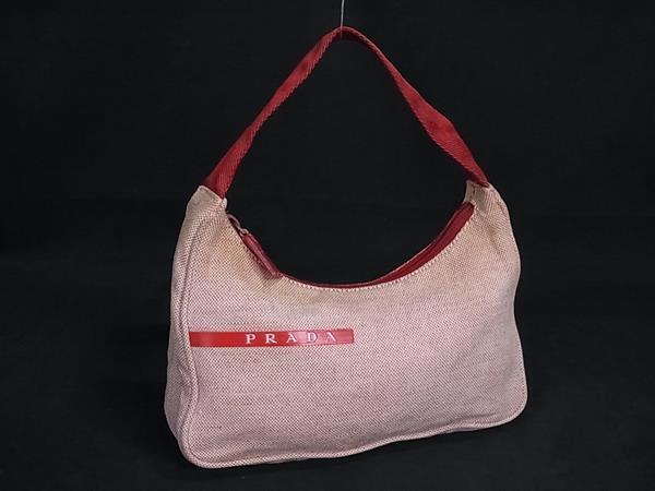 1円 PRADA プラダ プラダスポーツ キャンバス ハンドバッグ アクセサリーポーチ 小物入れ レディース ベージュ系×レッド系 BP6021拍卖