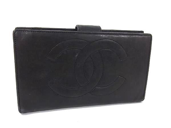 1円 CHANEL シャネル ココマーク ラムスキン がま口 二つ折り 長財布 ウォレット 札入れ 小銭入れ カード入れ ブラック系 FQ3063拍卖