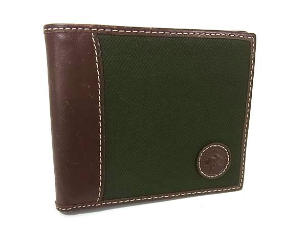 HUNTING WORLD ハンティングワールド キャンバス×レザー 二つ折り 財布 ウォレット 札入れ カード入れ カーキ系×ブラウン系 DK6419拍卖