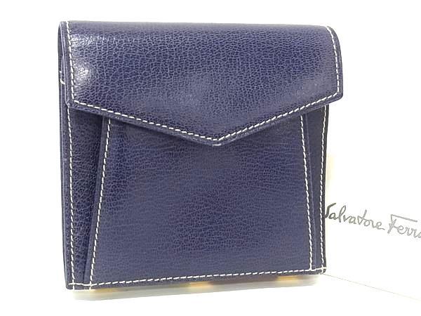 Salvatore Ferragamo フェラガモ レザー スタッズ 三つ折り 財布 ウォレット 小銭入れ 札入れ ネイビー系 DK7145拍卖