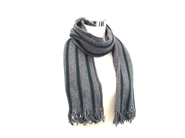 ■美品■ TAKEO KIKUCHI タケオキクチ ウール100% フリンジ マフラー ストール 防寒具 メンズ グレー系×グリーン系 DK1392拍卖
