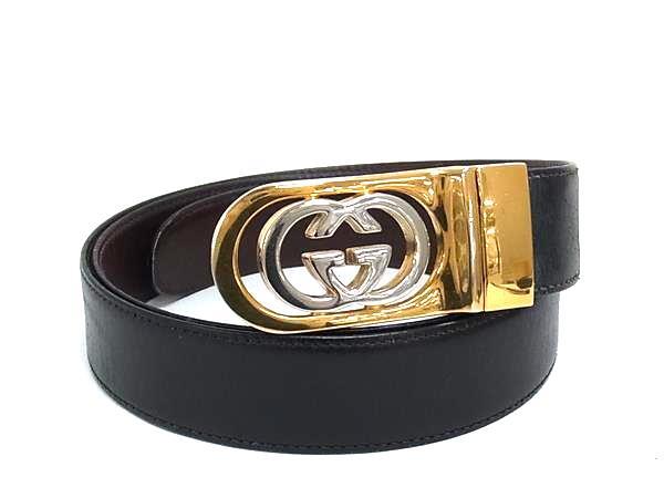 1円 ■美品■ GUCCI グッチ インターロッキングG レザー ゴールド金具 リバーシブル ベルト メンズ ブラック系×ブラック系 FR6935拍卖
