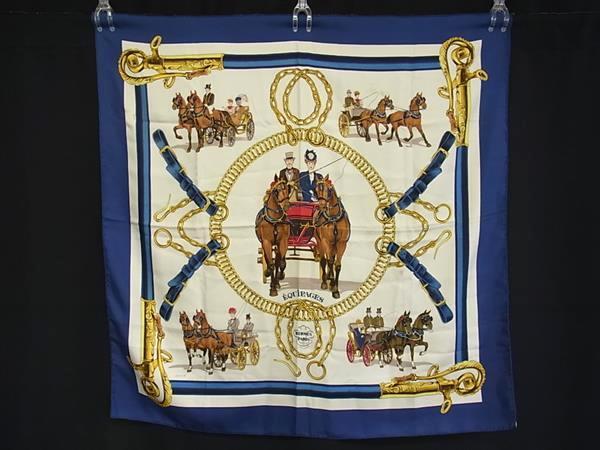 1円 HERMES エルメス EQUIPAGES【馬車】カレ90 シルク100% 大判 スカーフ ストール ショール レディース ネイビー系×マルチカラー FT2257拍卖