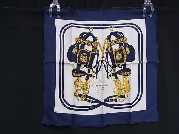 1円 HERMES エルメス BRIDES de GALA【式典用馬勒】プチカレ ガヴロッシュ シルク100% ハンカチーフ ポケットチーフ ネイビー系 FT2267拍卖