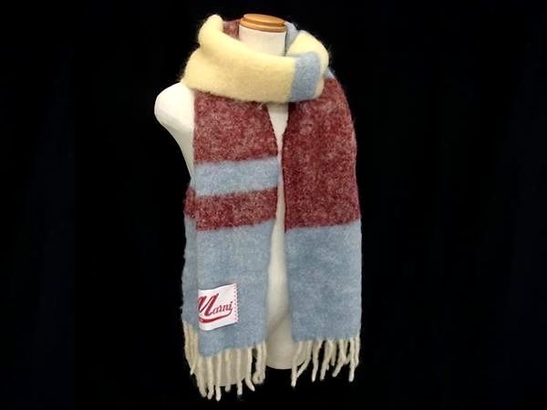 1円 ■美品■ MARNI マルニ モヘヤ×アルパカ フリンジ マフラー ストール ショール 防寒具 ライトブルー系×ボルドー系 FS2444拍卖