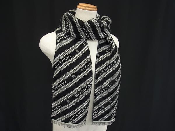 1円 ■新品同様■ GIVENCHY ジバンシィ ウール×バージンウール×シルク マフラー 防寒具 レディース メンズ ブラック系 FS2441拍卖