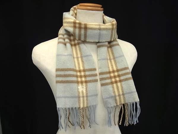 1円 ■美品■ BURBERRY バーバリー ウール90%×カシミア10% フリンジ チェック柄 マフラー ストール 防寒具 ライトブルー系 FT2415拍卖