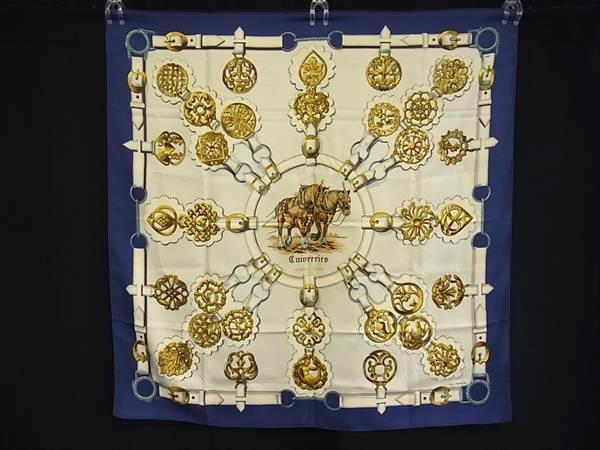 1円 HERMES エルメスCuivreries【銅細工】カレ90 シルク100% 大判 スカーフ ストール ショール レディース ベージュ系×ブルー系 BN6083拍卖