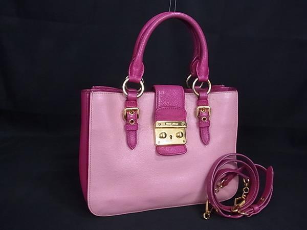 1円 miumiu ミュウミュウ マドラス レザー 2WAY クロスボディ ショルダーバッグ ハンドバッグ トートバッグ 斜め掛け ピンク系 BP4483拍卖