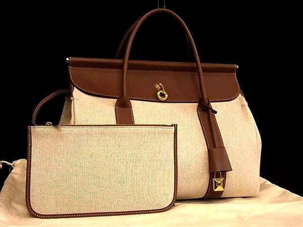 ■現行品■極美品■ Loro Piana ロロピアーナ ルーム キャンバス×レザー ポーチ付きハンドバッグ ベージュ系 BQ2688拍卖