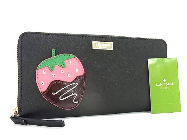 1円 ■新品同様■ kate spade ケイトスペード レザー ストロベリー ラウンドファスナー 長財布 ウォレット 小銭入れ ブラック系 GA6398拍卖