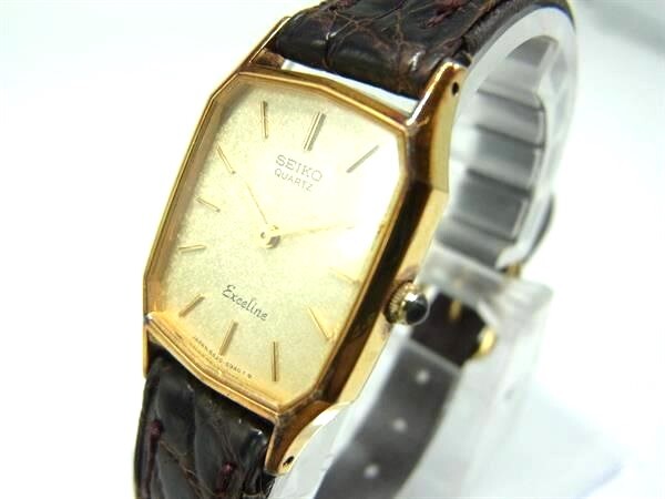 SEIKO セイコー エクセリーヌ 8420-5750 SS×クロコダイル型押しレザー クォーツ 腕時計 ウォッチ ブラウン系×ゴールド系 DK4085拍卖